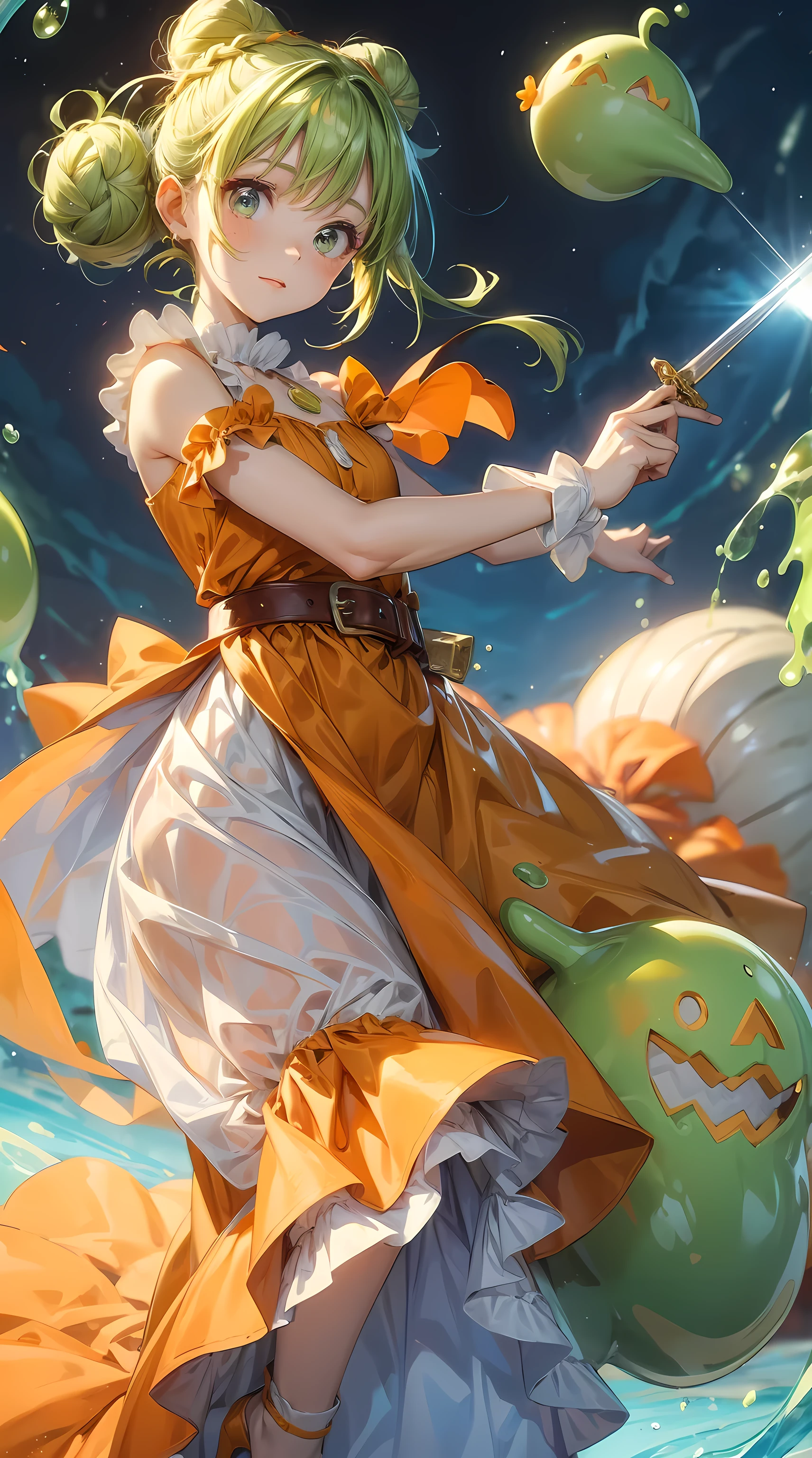 slime girl, (Mucus), Slime hairstyle double bun hairstyle, Pumpkin Orange, White princess dress with weapon belt, masterpiece, best quality