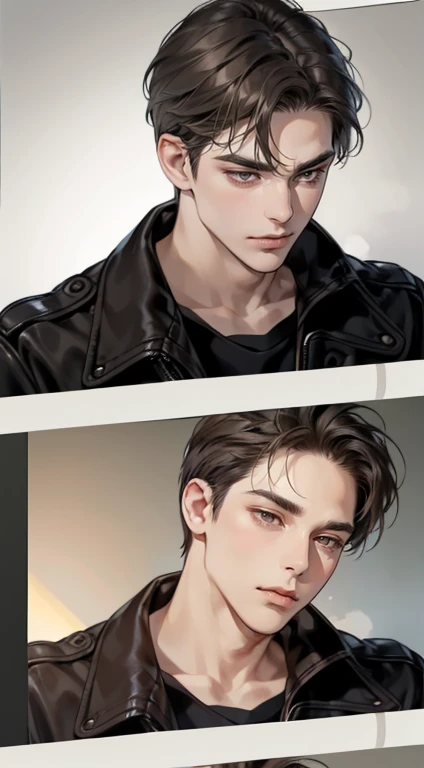 tmasterpiece, Best quality at best, actual, 1 person, Mature male, Quiet and charming young man, 35yo, closing her eyes, Serious, Keep your mouth shut, Extremely detailed face, Cold, ((dark gray eyes)), ((Dark brown short right-swept hair)), [Thick eyebrows], ((hunters)), Accurate, Detailed pubic hair, ((town))