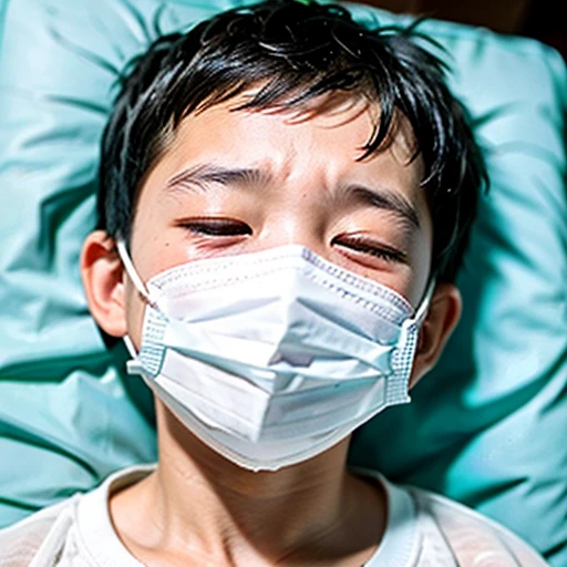 Handsome kindergarten boy with infectious disease、Appearance of suffering. He is wearing a white mask. He has a high fever. he is sleeping. He has a cough. He is exhausted. He is taking his temperature with a thermometer. He is dying. He is cooling his forehead with a cooling gel sheet..Are crying