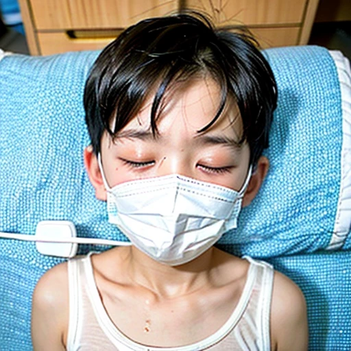 Handsome with infectious disease、Appearance of suffering. He is wearing a white mask. He has a high fever. he is sleeping. He has a cough. He is exhausted. He is taking his temperature with a thermometer. He is dying. He is cooling his forehead with a cooling gel sheet..
