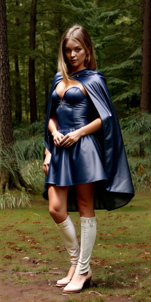 masterpiece, best quality, CG, wallpaper, HDR, high quality, high-definition, extremely detailed, full body toe to head female drow, colored skin, dark elf, blue skin, grey skin, pointy ears, cape, armor, looking at viewer, 1girl, forest, dark forest, mythical forest, dimmed light, brown eyes, long hair, chibi