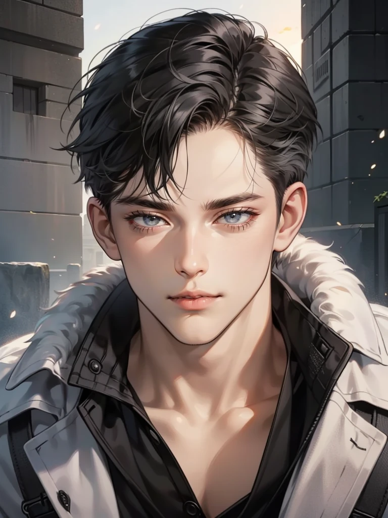 masterpiece, best quality, realistic, 1man, mature male, quiet and charming young man, 35 years old, close his eyes, serious, closed mouth, extremely detailed face, cold, ((dark grey eyes)), ((short-right-swept dark black hair)), [thick eyebrows], ((hunter)), accurate, detailed, ((town))