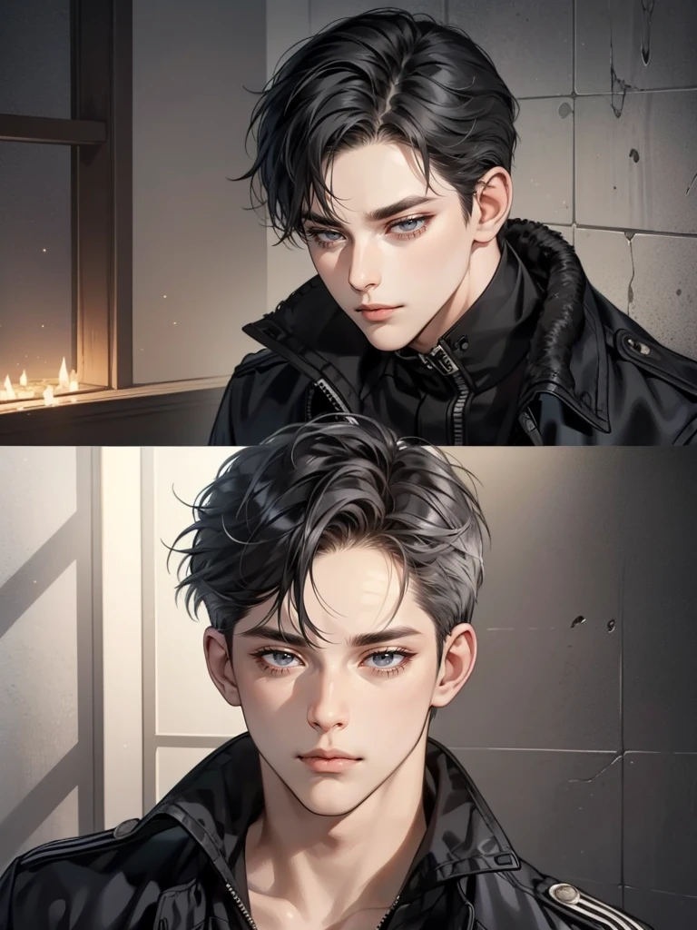 masterpiece, best quality, realistic, 1man, mature male, quiet and charming young man, 35 years old, close his eyes, serious, closed mouth, extremely detailed face, cold, ((dark grey eyes)), ((short-right-swept dark black hair)), [thick eyebrows], ((hunter)), accurate, detailed, ((town))