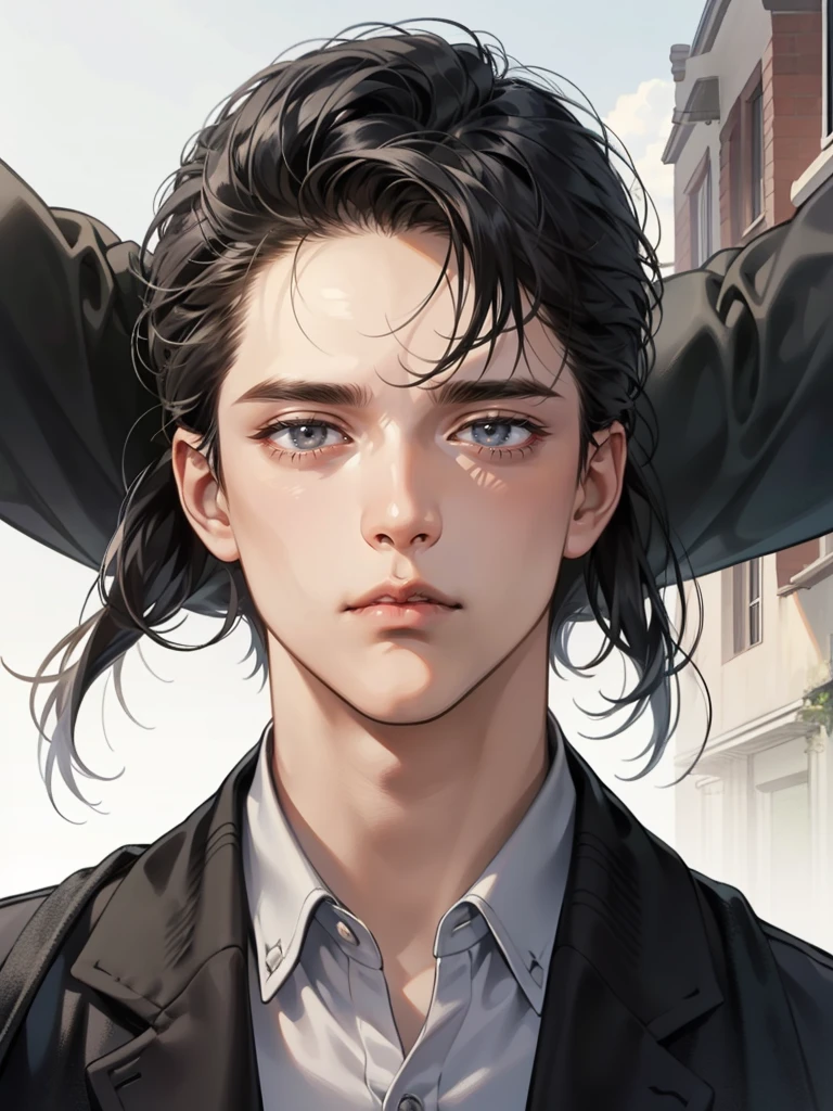 masterpiece, best quality, realistic, 1man, mature male, quiet and charming young man, 35 years old, close his eyes, serious, closed mouth, extremely detailed face, cold, ((dark grey eyes)), ((short-right-swept dark black hair)), [thick eyebrows], ((hunter)), accurate, detailed, ((town))