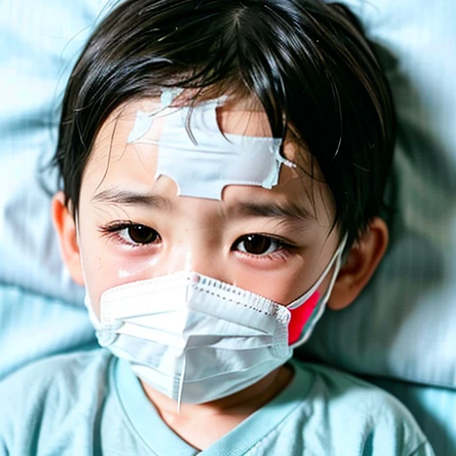 Handsome kindergarten boy with infectious disease、Appearance of suffering. He is wearing a white mask. He has a high fever. he is sleeping. He has a cough. He is exhausted. He is taking his temperature with a thermometer. He is dying. He is cooling his forehead with a cooling gel sheet..Are crying