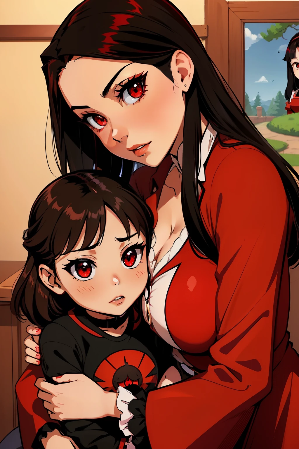 Megumin have black hair, red Eyes) with her little daugheters: Esmeralda have brown hair , red eyes). Ruby have Red Hair, green eyes), Aria Rose have Black hair, blu eyes)
