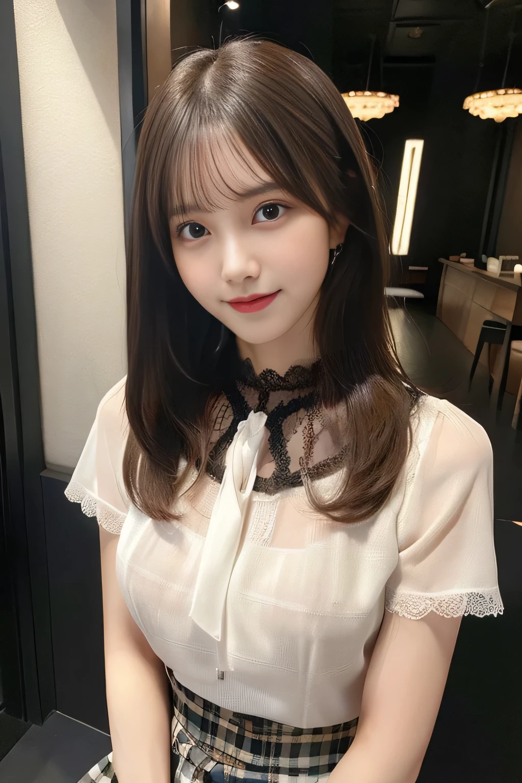 8K, masterpiece, RAW photo, highest quality, realistic, Highly detailed CG Unity 8K wallpaper, written boundary depth, cinematic light, Lens flare, ray tracing, (very beautiful face, beautiful lips, Beautiful drooping eyes), ((super dense skin)) 1 girl, in the dark, ((exposed nipples)), Japanese, idol face, 1 girl, (very slim slender fit-muscled body:1.3), ((looking at the viewer)),(smile:1.3), ((Blouse with lace)), (short sleeve) ,clear eyes, (white skin), (Big eyes), look forward to, (brown straight hair),((plaid skirt)), (looking at the viewer:1.3), (open chest), (very slim), rich bust, thick thighs, See through, ((Squat down and spread your legs)), ((bangs))