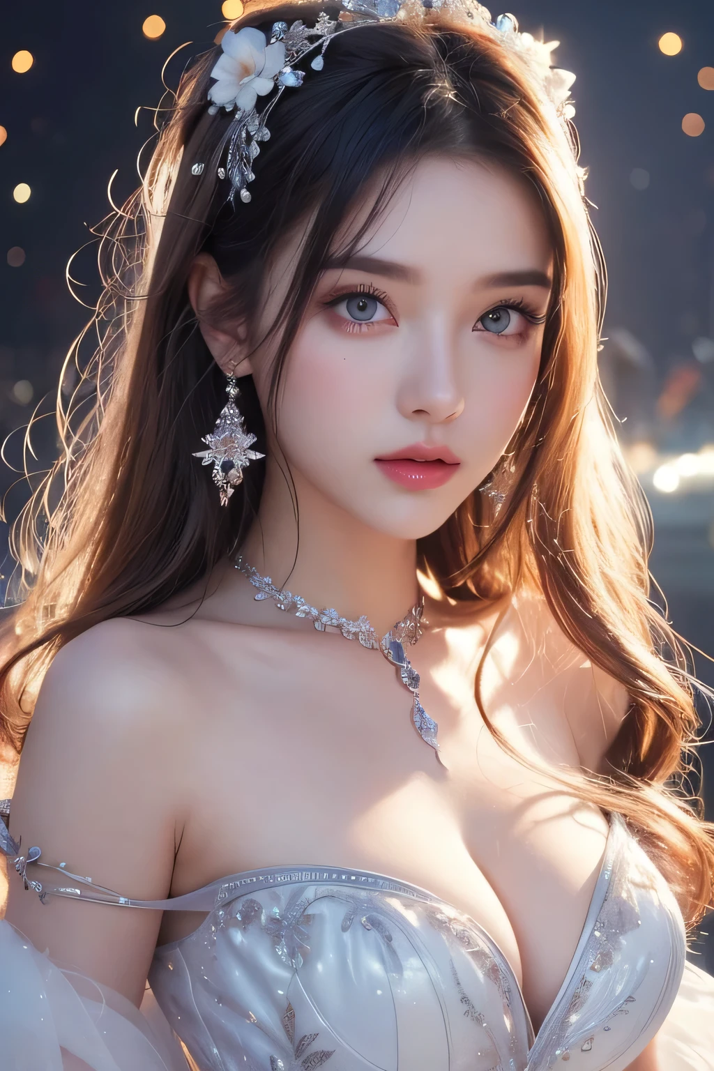High-quality work,Realistic works,Super premium graphics,8K HD CG works,high quality graphics,High-definition and exquisite CG works,10x pixels,Ultra-fine details:1.1,Advanced technical details:1.1Realistic photo effects,Interior lighting effects:1.5,natural soft light:1.5. Light effect(Virtual light effects:1.8),Ultra-high resolution,shining dress,sliver long hair,silber hair,transparenthair,high detailed hair(Quality hair details:1.1)Clear eyes,Double eyelids look good,Sharp eye makeup, Create exquisite eyelash makeup, tthin eyebrows, Ultra-detailed eyes,a tall nose, lovely red lips, rosey cheeks, With delicate makeup on her face , pretty face, The face shape is perfectly proportioned,(Advanced facial details:1.1)4K Ultra HD, Masterpiece, A girl with a magical aura, Good face, Long hair, shinny hair, Detailed eyes, Glossy lips, blue ta costume, (bare waist), The aura around the body, Magical effect, Spread white light, Cosmic elements and ethereal atmosphere, A mix of bright lights and colorful nebulae, universe background, Perfect body,,Women's artwork,Dress full body video,Reality,Amazing Cleavage,My eyes are very bright today