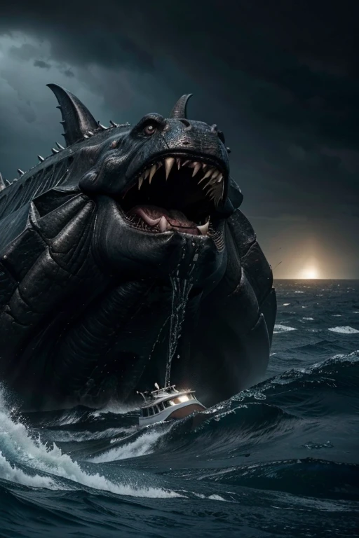 Thalassophobia feel & megalophobia image explanatory of small boat in the middle of dark wide ocean with stormy weather with big waves, visible under the water under the boat a blurry image of an outrageous insanely huge big deep sea creature monster in full picture size which incoming from bottom face up about to eat the boat in wide open mouth,  gloomy, in hyper realistic & detail, UHD images