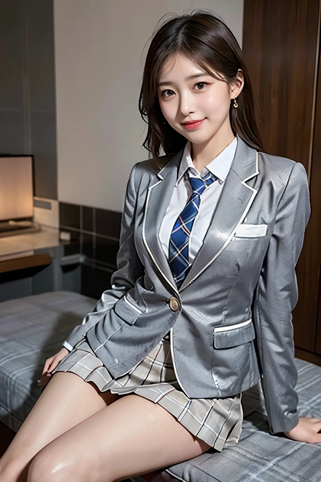(8k), (highest quality: 1.2), (Realistic), (Realistic: 1.37), Ultra-high resolution, (1 girl), cute, blush,Embarrassed smile, Beautiful details, Beautiful Nose, Wet Hair, Giant Dulcefo, pork, Thighs,University Uniforms,(White shirt),
(A simple blazer:1.4),(Pleated skirt:1.2),(The skirt and tie are gray tartan check pattern.:1.3),(Sitting:1), Sit on,(Shiny legs:1.3),from the front,knees,Thick thighs