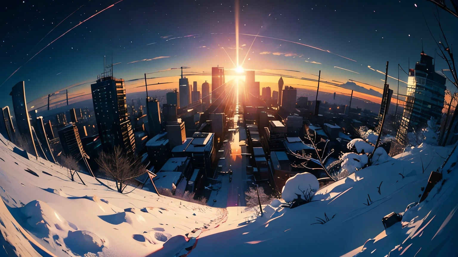 Fisheye Lens, High resolution, masterpiece, 8k, Depth of written boundary, Best intricate detail, (unmanned), universe, Movie poster style, (Lots of wires), moon, Sun Flare, Retro Car, snow, Wide-angle lens, Ruined City, Broken Building, Destroyed cityscape, Collapsed building, snowをかぶっている、Many flowers are blooming、Vast location、Solar flare、吹snow