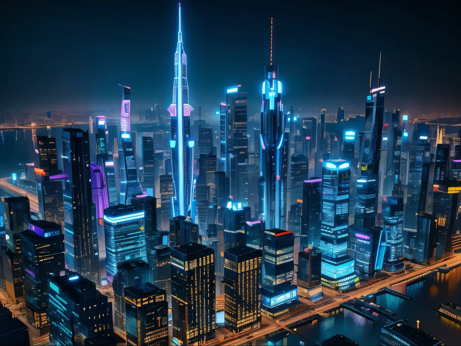 Generate a futuristic cityscape resembling the works of artist Syd Mead, featuring towering skyscrapers made of pulsating energy, surrounded by flying vehicles and neon lights.