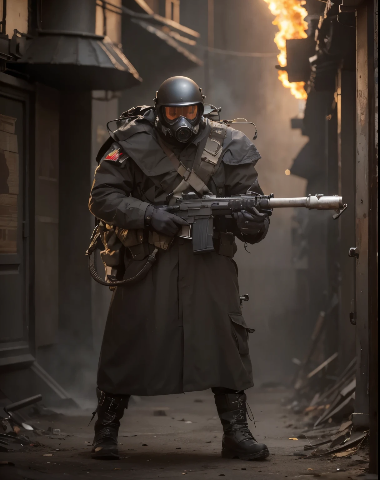 soldado masculino, espera ansiosamente, gas mask, capacete cinza, dark brown soviet style uniform, Belt with ammunition, ombreiras ovais de metal cinza escuro, Botas pretas, Gloved hands, highly detailed hands, has flamethrower, pipes, tem tanques de ferro nas costas, he is in a tropical city, chamas, smoke, ultra-realista, 4k, ultra detalhado image, realista, altamente detalhado, perfect composition, Maravilhoso, intrinsecamente detalhado, Incrivelmente detalhado, 8k art photography, hiper detalhado, Obra de arte, ultra detalhado, hyper realista, 4k, ultra detalhado image, realista, altamente detalhado, perfect composition, lindo, intrinsecamente detalhado, Incrivelmente detalhado, 8k art photography, hiper detalhado, Obra de arte