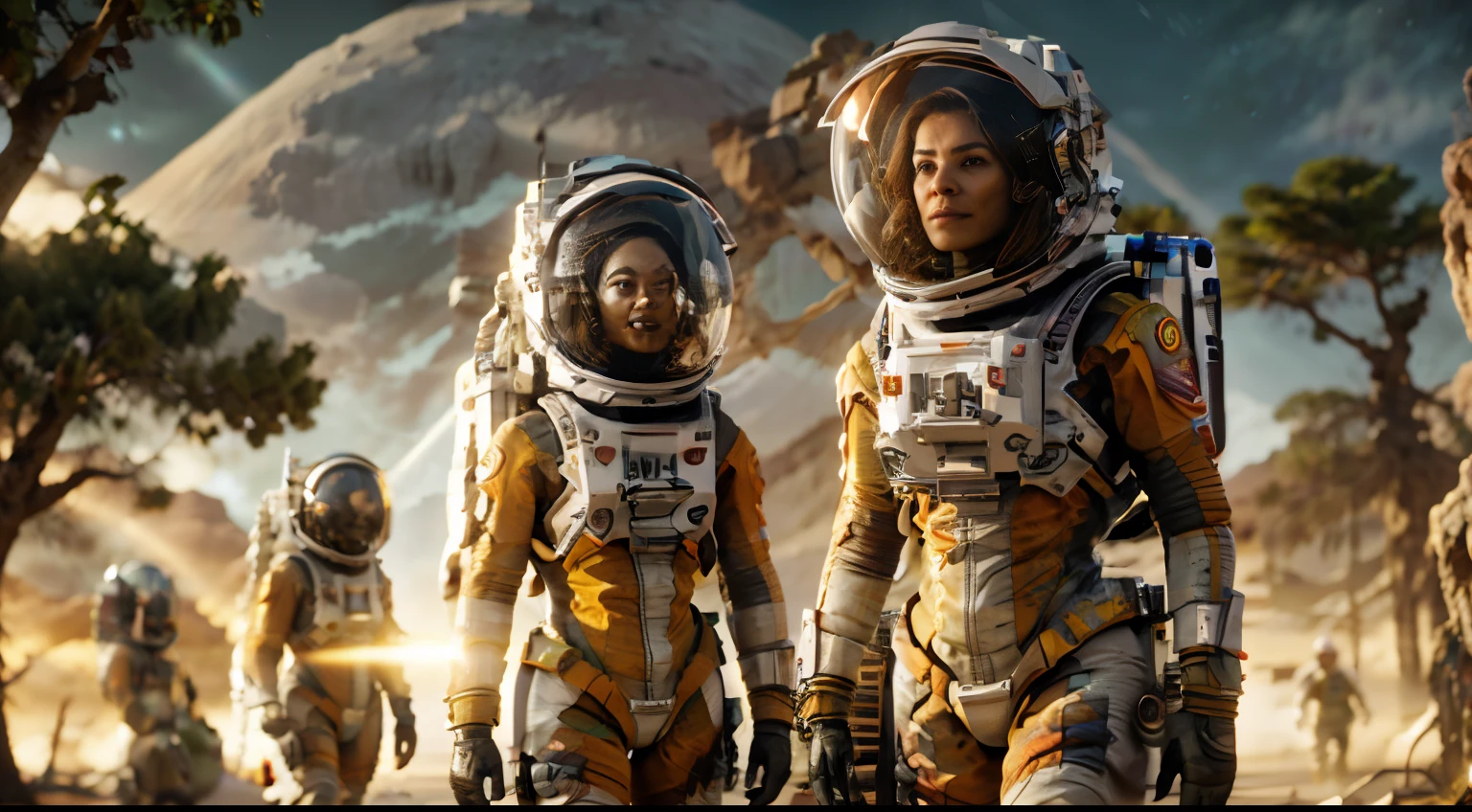 kit de pancadaria, alien landscape, marsh, lonely astronaut, radio satellite dish, Electric Purple, cinto de utilidades, Metallic gray zinc, sci-fi, Obra de arte, 16k, UHD, HDR, a melhor qualidade, terno justo ao corpo, intricado, The most fantastic details, film composition, dramatic lighting, corpo todo, celestial bodies in the sky, dead trees, arbustos secos, realistic reflections, sunset, um complexo militar, escalar, , triste, Dynamic Posture, babados, Colchas, Bordado