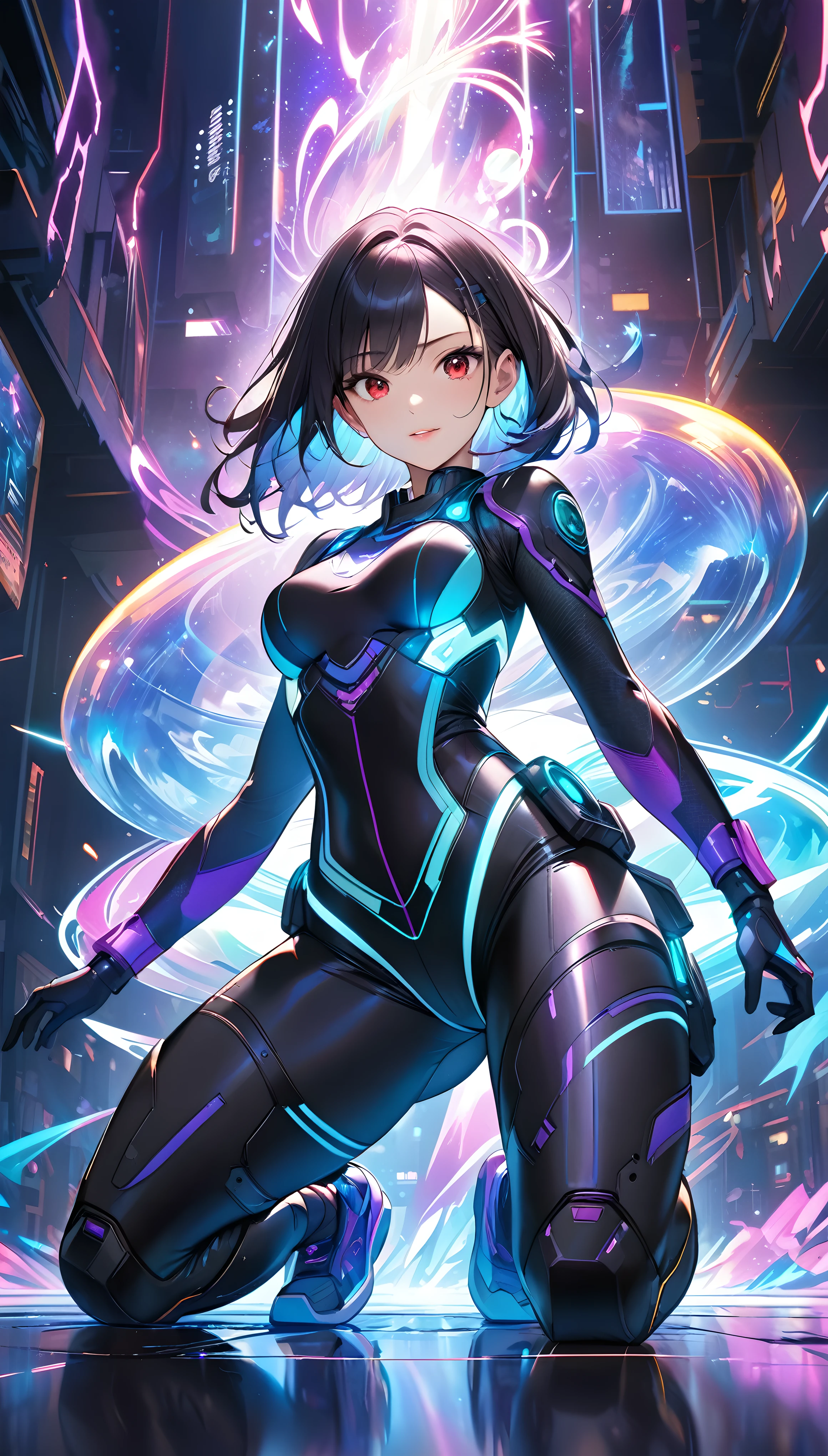 1 girl, cybergoth attire with neon accessories, surrounded by glowing cybernetic graffiti, striking an otherworldly and energetic pose, big boobs, short black hair, black eyes, absurdres, high res, ultrasharp, 8K, masterpiece.