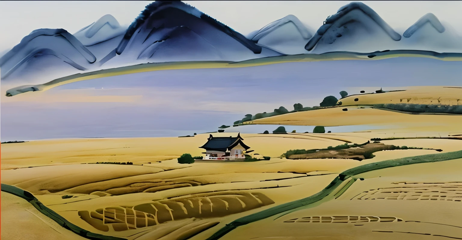 A field landscape in ink painting style，Golden wheat field，Some thatched houses，Mountains in the distance， Inspired by Ji Yunfei, Animated movie scene, Anime Movies, cartoon still, Chinese painting style, cartoon, Disney 2D animation stills, Animation stills, Zhao Yun, by Qu Leilei, Author Wang E, Anime Still, Chinese style