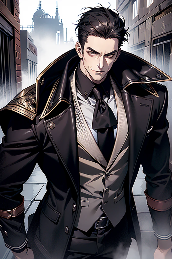 (masterpiece, best quality), (absurd res, high res, ultra detailed), 1 male, adult, handsome, tall muscular guy, broad shoulders, black hair, stubble, finely detailed eyes, grey eyes, portrait, looking at viewer, solo, half shot, detailed background, detailed face, (gothic), smirk, vampire, dark leather, high fantasy,, stealth, undercover, (crates in background), shadows, fog, (dutch angle), closed mouth, full body
