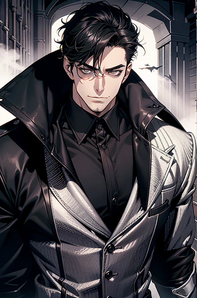 (masterpiece, best quality), (absurd res, high res, ultra detailed), 1 male, adult, handsome, tall muscular guy, broad shoulders, black hair, stubble, finely detailed eyes, grey eyes, portrait, looking at viewer, solo, half shot, detailed background, detailed face, (gothic), smirk, vampire, dark leather, high fantasy,, stealth, undercover, (crates in background), shadows, fog, (dutch angle), closed mouth, full body