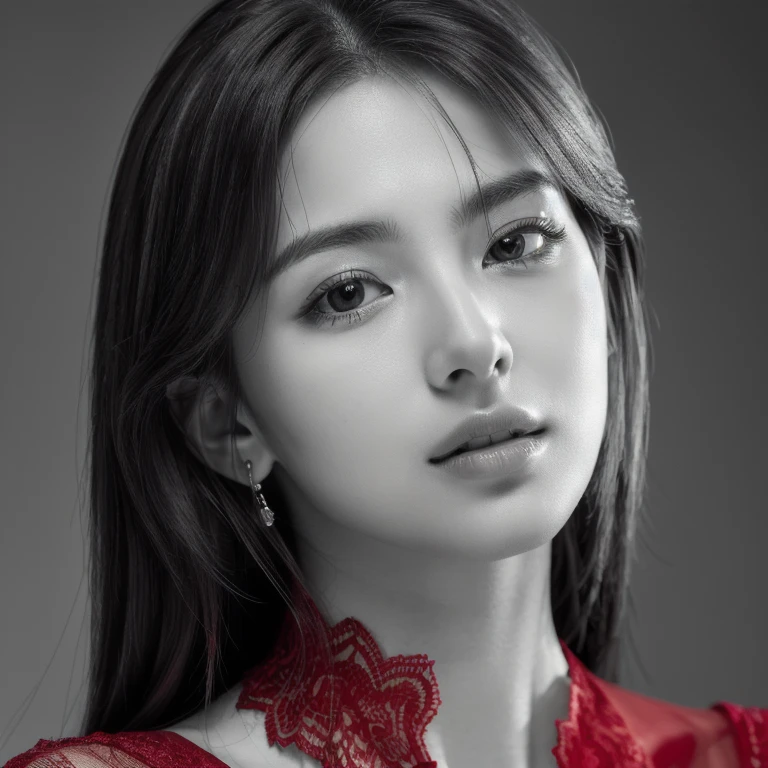 Masterpiece, Best Quality, Photorealsitic, Ultra-detailed, finely detail, high resolution, 8k wallpaper, Professional, high level of detail, ((monochrome photo)), 1girl in, ((Facing the front)), ((Only lips are in Red)), Detailed clavicle, face perfect, straight hair, (look straight at a camera)