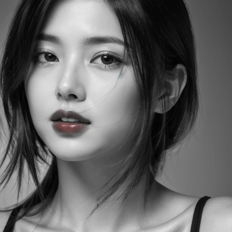 Masterpiece, Best Quality, Photorealsitic, Ultra-detailed, finely detail, high resolution, 8k wallpaper, Professional, high level of detail, ((monochrome photo)), 1girl in, ((Facing the front)), ((Only lips are in Red)), Detailed clavicle, face perfect, straight hair, (look straight at a camera)
