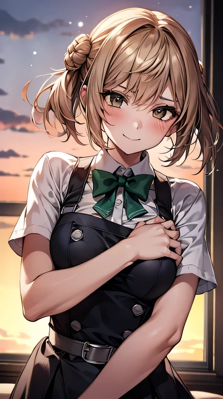 1 girl, alone, pretty girl,highest quality, Super detailed, 8k, High resolution, Detailed face, In the classroom, Standing near the window, sunset, Upper Body, A light smile, A kind smile, Black Dress, White shirt, Short sleeve, Green bow tie, nsfw, masturbation, breast grab(Chest grab),nsfw,Tucked up, Show off your breasts,Lying in bed,　Half naked,  sex, 