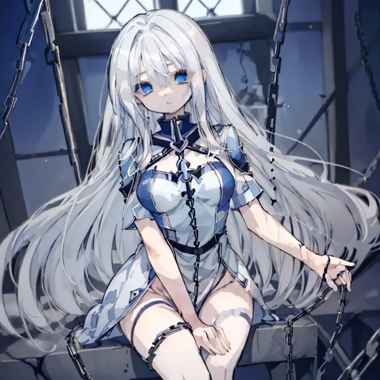 1 girl、Mature、Ample breasts、White Hair、Long Hair、Crucified、Chained、Covered in scars、In a cell、Blue Eyes、Sharp Eyes、Trapped in chains、Thighs、Arms outstretched position、highest quality、High resolution、Light shines through a small window