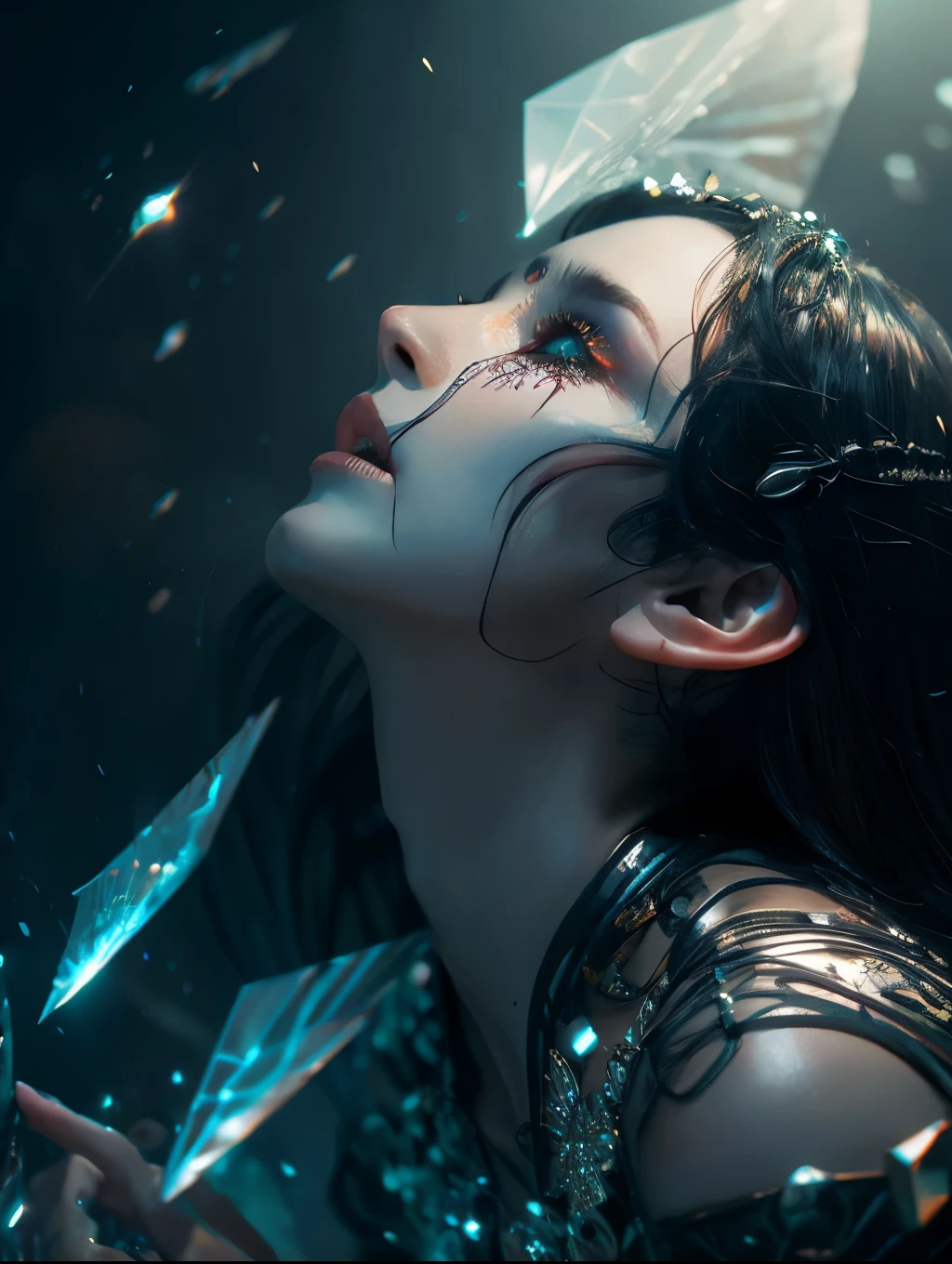 Ultra detailed illustration painting of a luminous and enchanting bad girl undead/human-like creature with dark hair, dynamic pose, anime style, dimly lit dark fantasy realm enviroment, mid shot, rule of thirds depth of field intricate details, concept art, subtle colors, fantastical realm, extremely detailed, ultra sharp focus, light particles, attention to detail, grandeur and awe, cinematic, stunning visual masterpiece, double exposure, 8k, photorealistic, strong outlines, cinematographic scene,