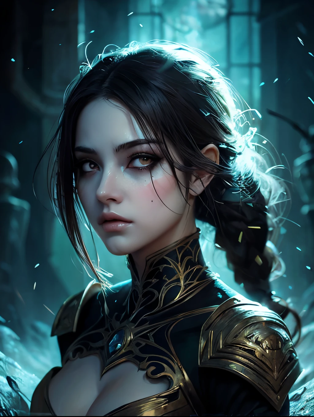 Ultra detailed illustration painting of a luminous and enchanting bad girl undead/human-like creature with dark hair, dynamic pose, anime style, dimly lit dark fantasy realm enviroment, mid shot, rule of thirds depth of field intricate details, concept art, subtle colors, fantastical realm, extremely detailed, ultra sharp focus, light particles, attention to detail, grandeur and awe, cinematic, stunning visual masterpiece, double exposure, 8k, photorealistic, strong outlines, cinematographic scene,