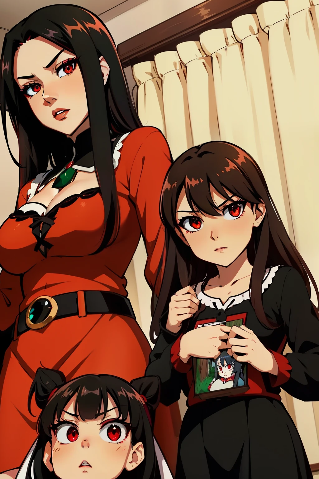 Megumin have black hair, red Eyes) with her little daugheters: Esmeralda have brown hair , red eyes). Ruby have Red Hair, green eyes), Aria Rose have Black hair, blu eyes)