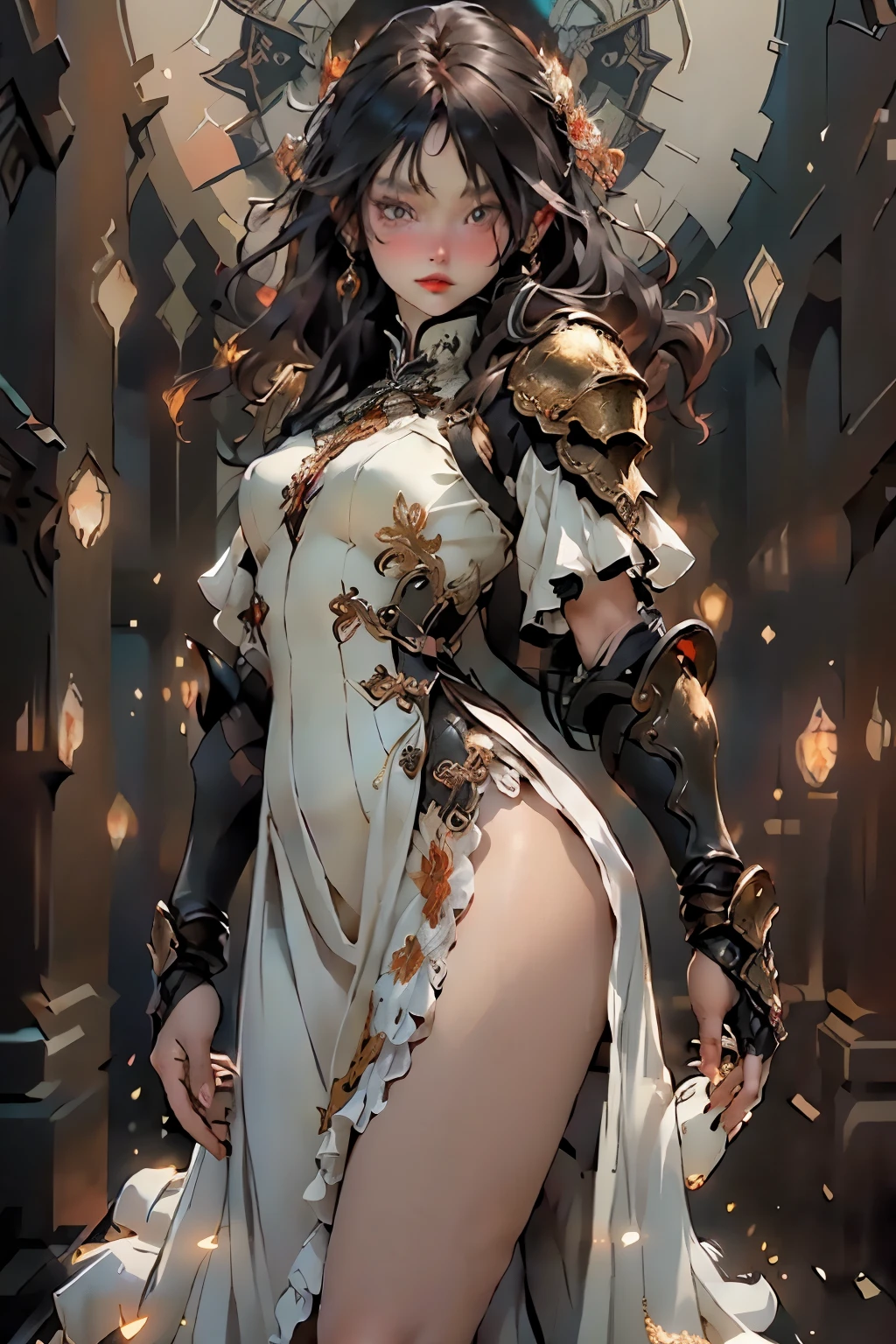 epic good looking succubus wearing a (white lace: 1.5) dress (intense details, Masterpiece, best details: 1.6),, offering a gold and red diamond ring in hand (intense details, Masterpiece, best details: 1.6), full body (intense details, Masterpiece, best details: 1.6), ultra detailed face (intense details, Masterpiece, best details: 1.5),standing in the door entrance, holding a red and gold ring (intense details, Masterpiece, best details: 1.6), black hair, long hair, red eyes, glowing eyes, small horns, red high heels, dim light, high details, best quality, 8k, [ultra detailed], masterpiece, best quality, (extremely detailed), ultra wide shot, photorealistic, gothic art, sense of darkness, sense of seduction, fiery magic symbols (intense details, Masterpiece, best details: 1.6),in the background, lace drawing, Dark Art Painting Style, dark, black and color, betmd
