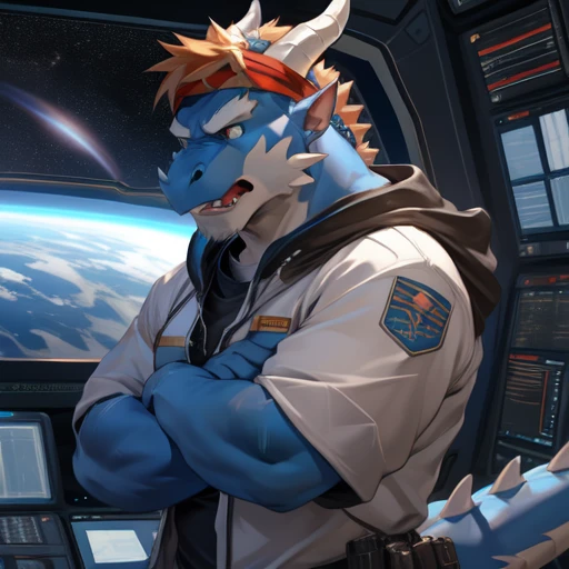 By glitter trap boy, by darkgem, by chunie, alone, dragon man, light blue skin, light blue body, detailed eyes, dark blue fur pattern, orange hair, short hair, ((headband)), muscular, tall, broad, large, detailed detailed body, frowning, angry, frown, fangs, closed mouth, arms crossed, white spacesuit, space, window, spaceship, standing, hocico largo