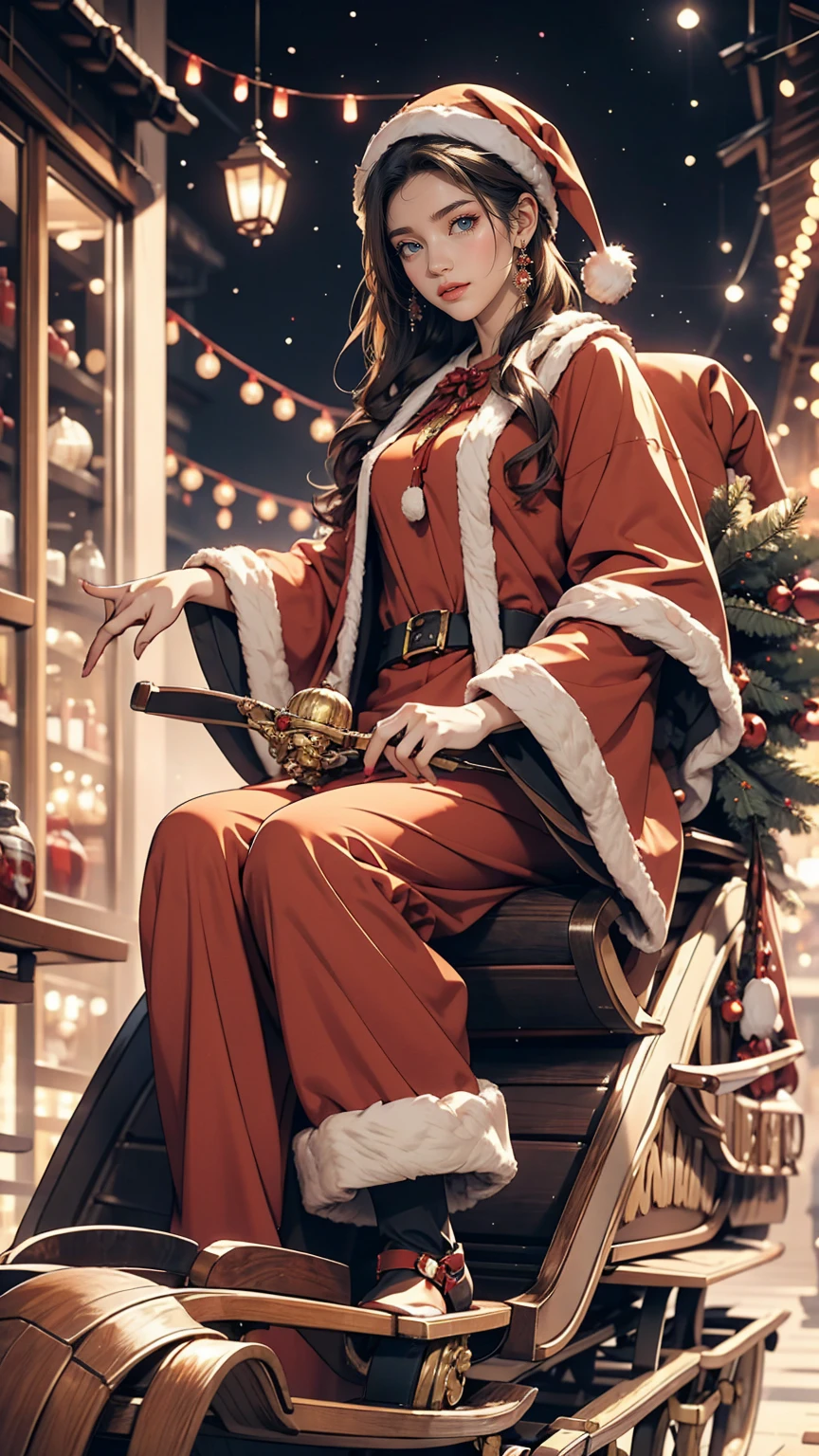 24 year old Caucasian female、santa outfit、Ride on a sleigh pulled by reindeer、smile