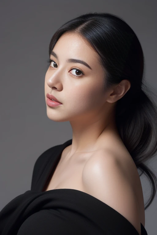 (masterpiece:1.2), ultra detailed, ultra high res, (realistic, photo realistic:1.37), high detail RAW color photo, professional photograph, an extremely delicate and beautiful, extremely detailed, finely detail, huge file size, extremely detailed beautiful girl, extremely detailed face, extremely detailed eyes, extremely detailed skin, extremely detailed nose, extremely detailed mouth, perfect anatomy, highly detailed background, (a famous actress of Japan:1.2), (gigantic breasts:1.1), Dynamic lighting, full body, (Black kimono:1.3), black background, bare shoulders, (dynamic pose:1.1), (armpit:1.3),