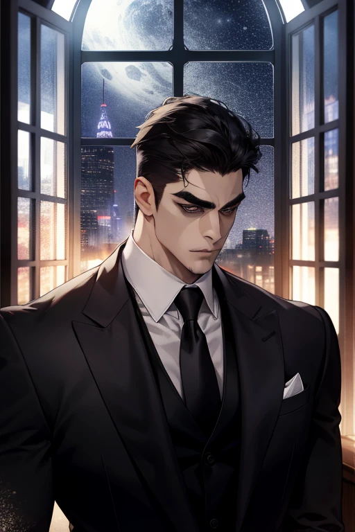 (absurdres, highres, ultra detailed), (1 male, solo, adult, mature:1.4, aged up:1.4, old age, tall muscular guy, broad shoulders, handsome), very short hair, black hair, pomade, brown eyes, (angular jaw:1.4, thick neck:1.4, thick eyebrows:1.4), BREAK, night, dark, the night view of the city through a large window, formal suit, necktie, BREAK, upper body,