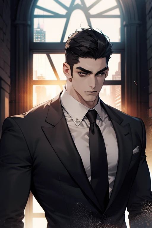 (absurdres, highres, ultra detailed), (1 male, solo, adult, mature:1.4, aged up:1.4, old age, tall muscular guy, broad shoulders, handsome), very short hair, black hair, pomade, brown eyes, (angular jaw:1.4, thick neck:1.4, thick eyebrows:1.4), BREAK, night, dark, the night view of the city through a large window, formal suit, necktie, BREAK, upper body,