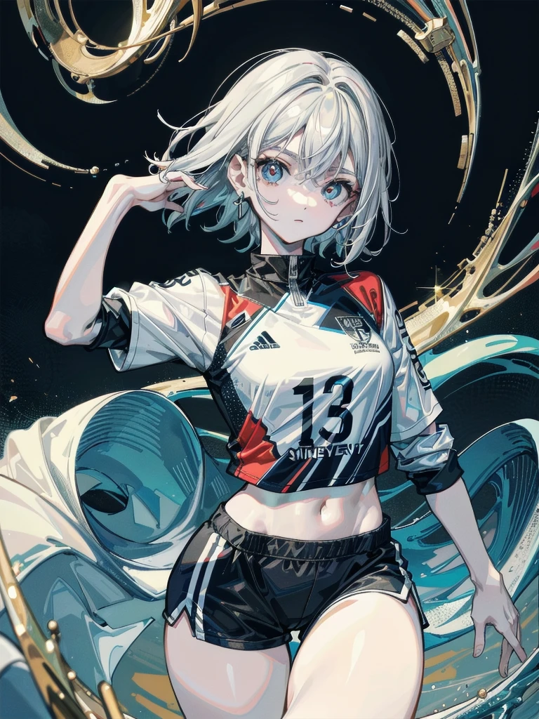 whole body, volleyball Jersey, shorts, midriff, absurdres, RAW photo, extremely delicate and beautiful, masterpiece, Best Quality, ultra high resolution, 32k, hyperrealistic, ultra-detailed, perfect figure, perfect shape, detailed description, pale skin, 20 years old, detailed beautiful face and eyes, tearful mole, earring, short medium hair, wavy hair,