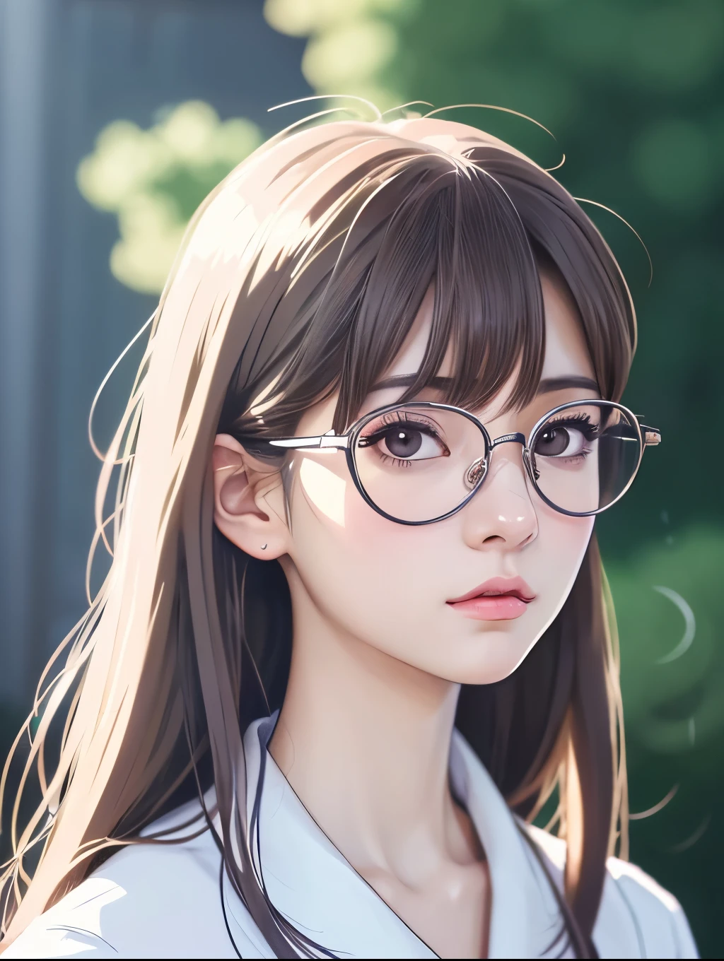 a cartoon girl with glasses and a white shirt is looking at the camera, a character portrait inspired by Ayami Kojima, tumblr, serial art, lofi portrait, in an anime style, anime style portrait, lofi girl, in anime style, with glasses, lofi artstyle, semirealistic anime style, halfbody portrait, kawaii realistic portrait, high quality portrait