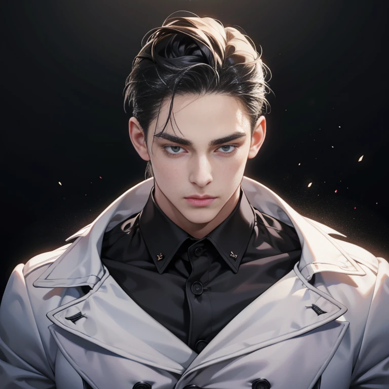 Masterpiece, high quality, best quality, 3D HD, realistic, perfect lighting, detailed body, 1 man, Slicked Back hairstyle, face zoom, black background