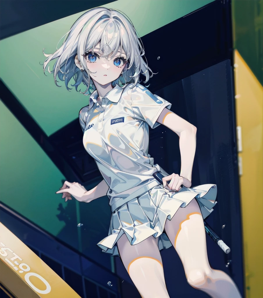 tennis uniform, polo shirt, tight mini skirt, absurdres, RAW photo, extremely delicate and beautiful, masterpiece, Best Quality, ultra high resolution, 32k, hyperrealistic, ultra-detailed, detailed description, perfect figure, perfect shape, perfect anatomy, pale skin, 20 years old, detailed beautiful face and eyes, tearful mole, earring, short medium hair, wavy hair, full body shot,