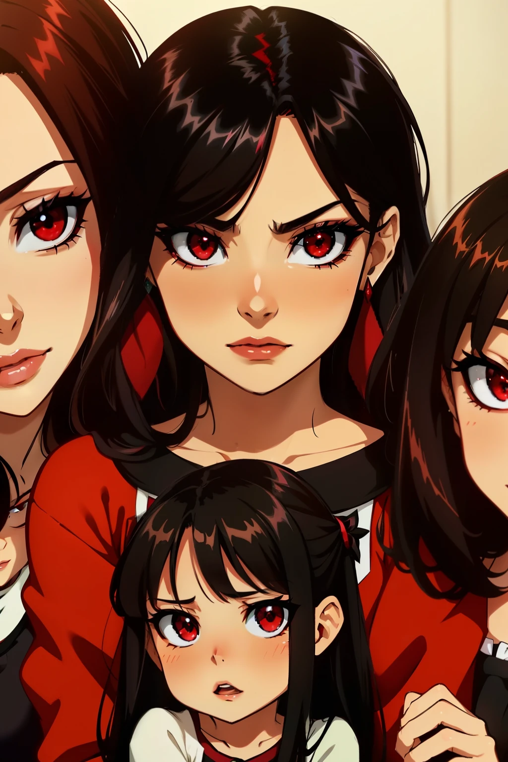 Megumin have black hair, red Eyes) with her 3 little daugheters Esmeralda, Ariarose and Ruby: Esmeralda have brown hair , red eyes). Ruby have Red Hair, green eyes), AriaRose have Black hair, blu eyes)
