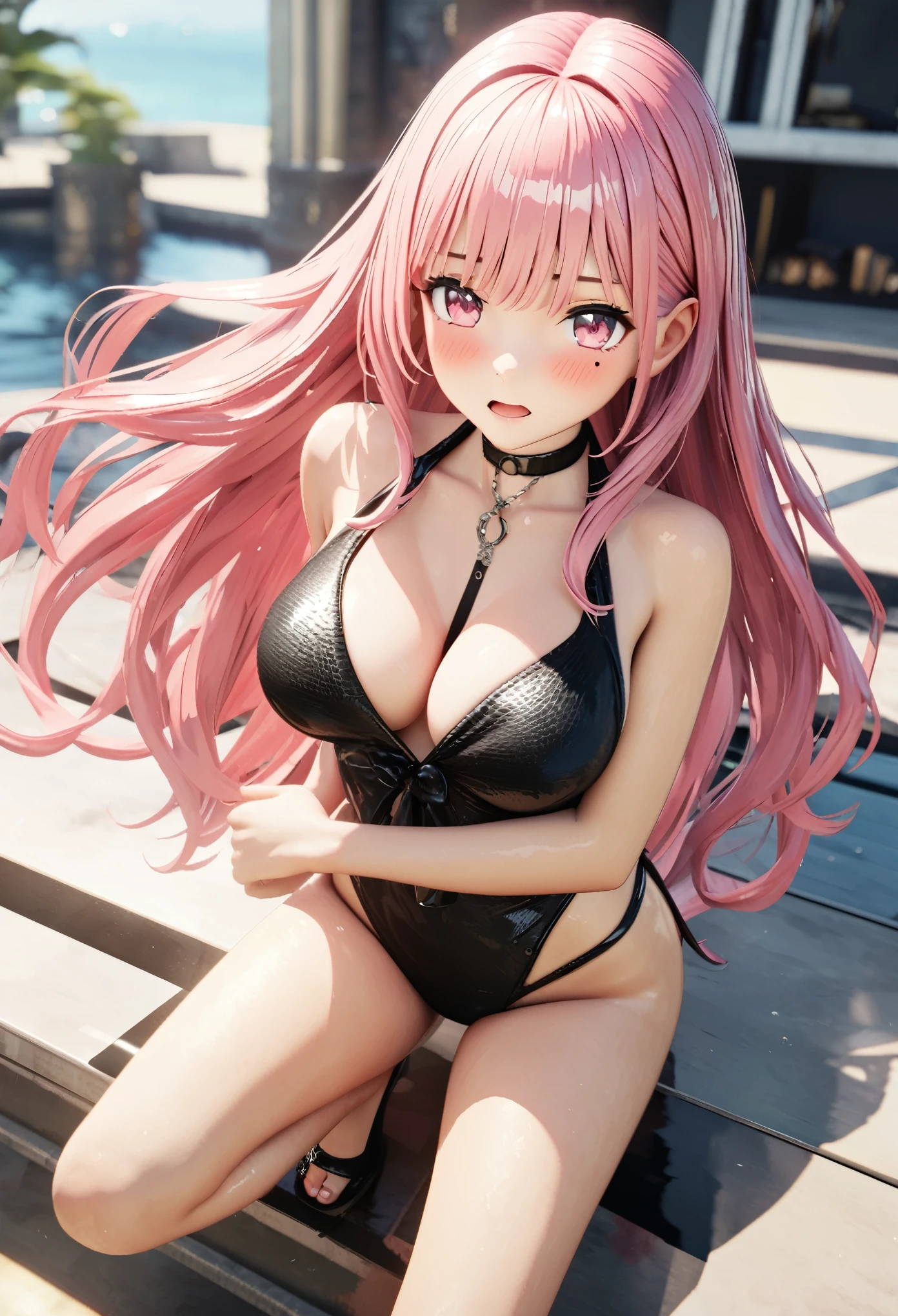 masterpiece, best quality, highly detailed, high resolution, expensive resolution, high resolution, 4K, 8k, Unity 8k wallpaper, highly detailed CG, masterpiece, 2D, 3D, beautiful details, depth, fine texture, best quality: 1.3, perfect focus, crisp skin, him, very cute anime girl, swimsuit, full body big breasts, pink medium long hair in expensive clothes, mole under eye, looking at the viewer, expensive, blush, mole, open lips, heart, pink eyes, choker