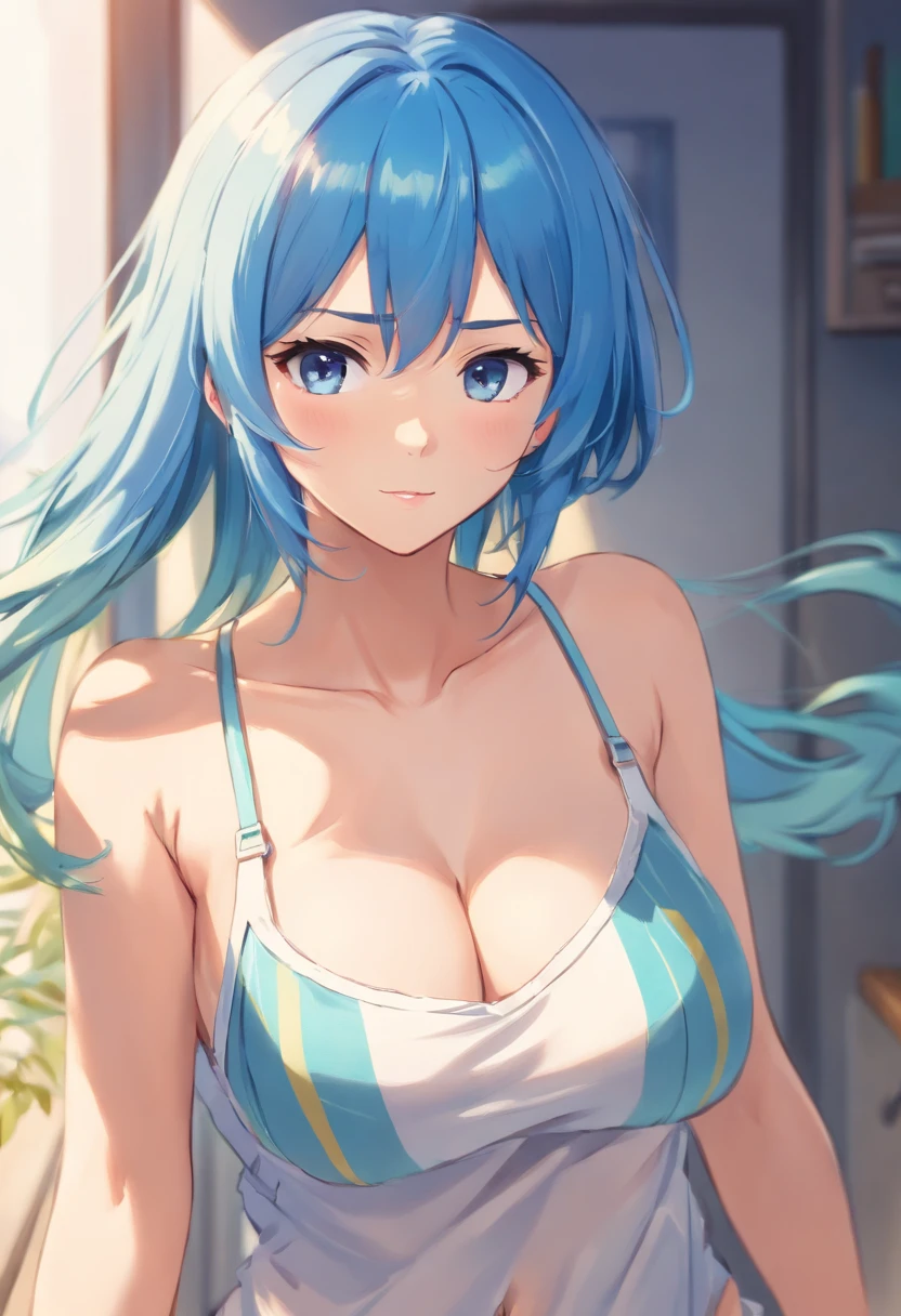 (Picture of beautiful anime girl) Thin shirt, girl with blue hair, big breasts, about middle size, not too big and not very small. pretty woman with cute face blue-yellow eyes Wearing blue underwear with yellow stripes, no underwear. Husband is white. Standing full body. Beautiful legs, beautiful arms, showing breasts.