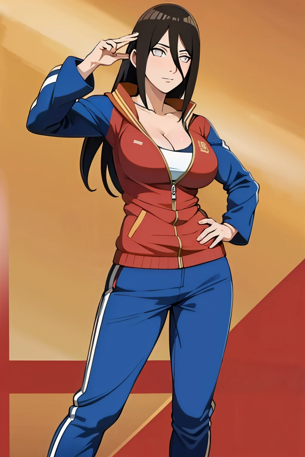 (better quality), hanabi hyuga, open tracksuit, large breast, sexy pose
