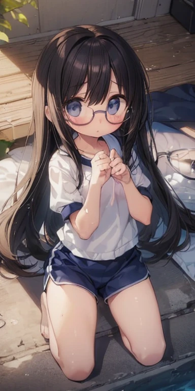 (big round glasses:1.3)、(Timid girl、sorrow、blush、Watery eye:1.2)、Long black hair、White short sleeve shirt、Navy blue shorts、(Gym suit)、 、Flat body