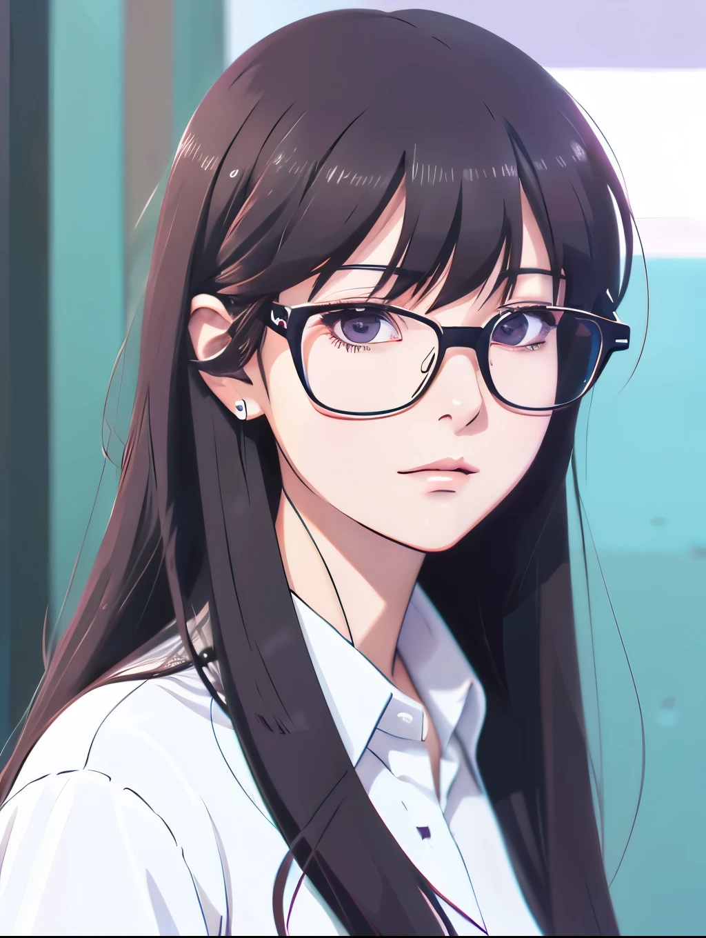 a cartoon girl with glasses and a white shirt is looking at the camera, lofi portrait, in an anime style, anime style portrait, lofi girl, in anime style, with glasses, lofi artstyle, semirealistic anime style, halfbody portrait, kawaii realistic portrait, high quality portrait, anime portrait, nft portrait, realistic anime art style