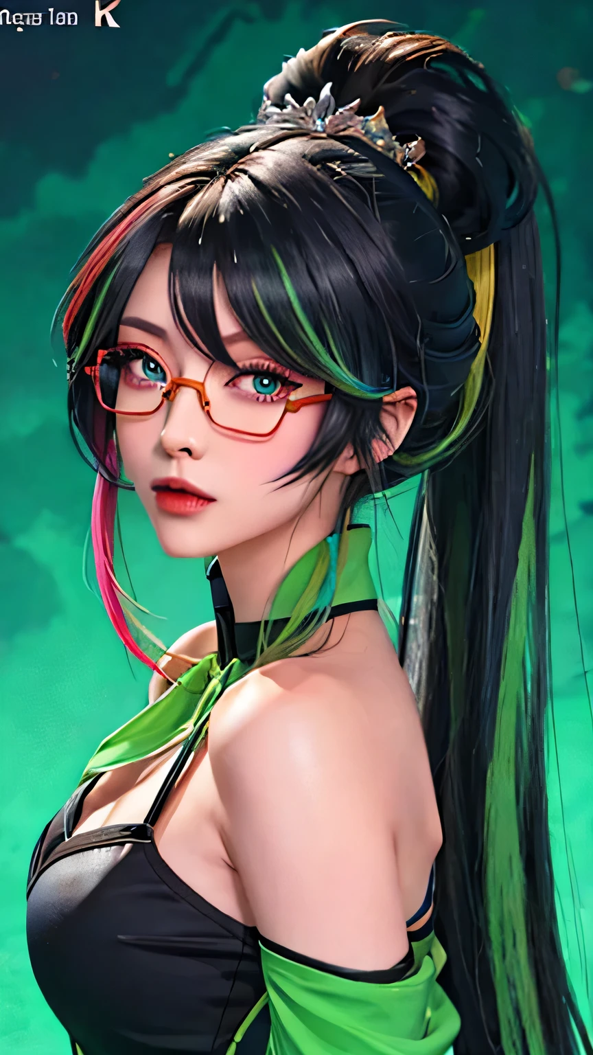 Brightly colored hair and makeup are a popular theme for this woman, anime style 4k, anime art wallpaper 4k, anime art wallpaper 4k, anime art wallpaper 8k, rossdraws cartoon vibrant, Anime style digital art, Rose draws pastel vibrant, Beautiful digital artwork, anime wallpaper 4k, anime wallpaper 4k, digital animation art, Beautiful art ultra hd 4k,facing the camera,Off the shoulders,light green eyes,red glasses,Red half-rim glasses,Long ponytail hairstyle,Black hair and green hair, Good-looking hair accessories,Colorful background(Splash、colorful,oil painting)