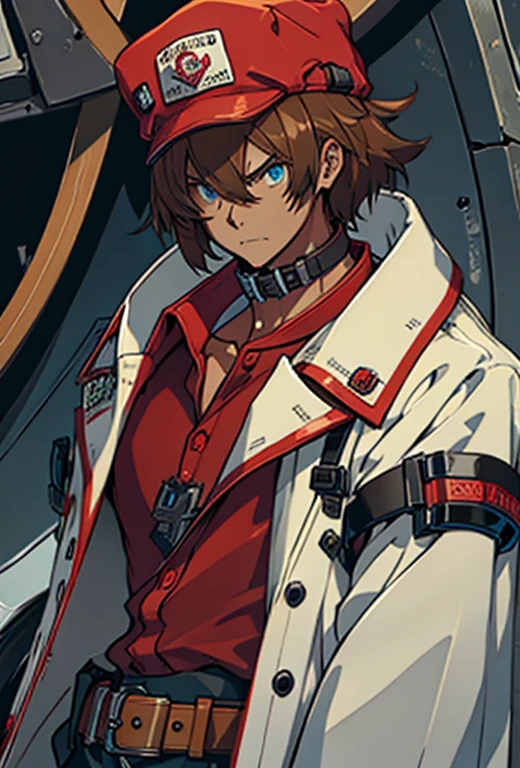 Human Male, Brown hair, wearing red shirt, ((wearing big metal Collar )), BLUE pupils, Guilty Gear , white In the background