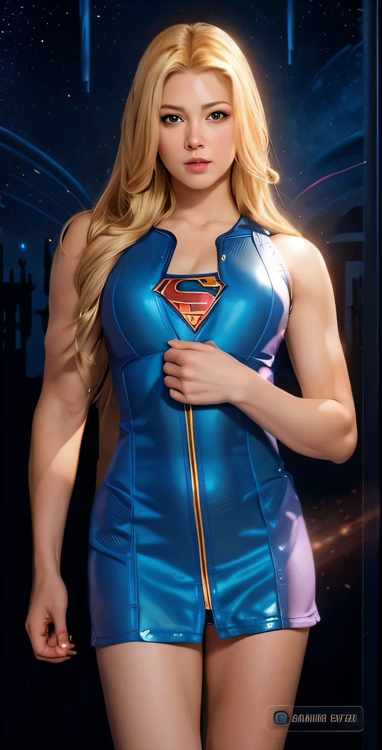 The character Supergirl, red cape, perfect blue costume, extremely beautiful blue eyes, perfect blond hair, smooth curves, perfect smile 