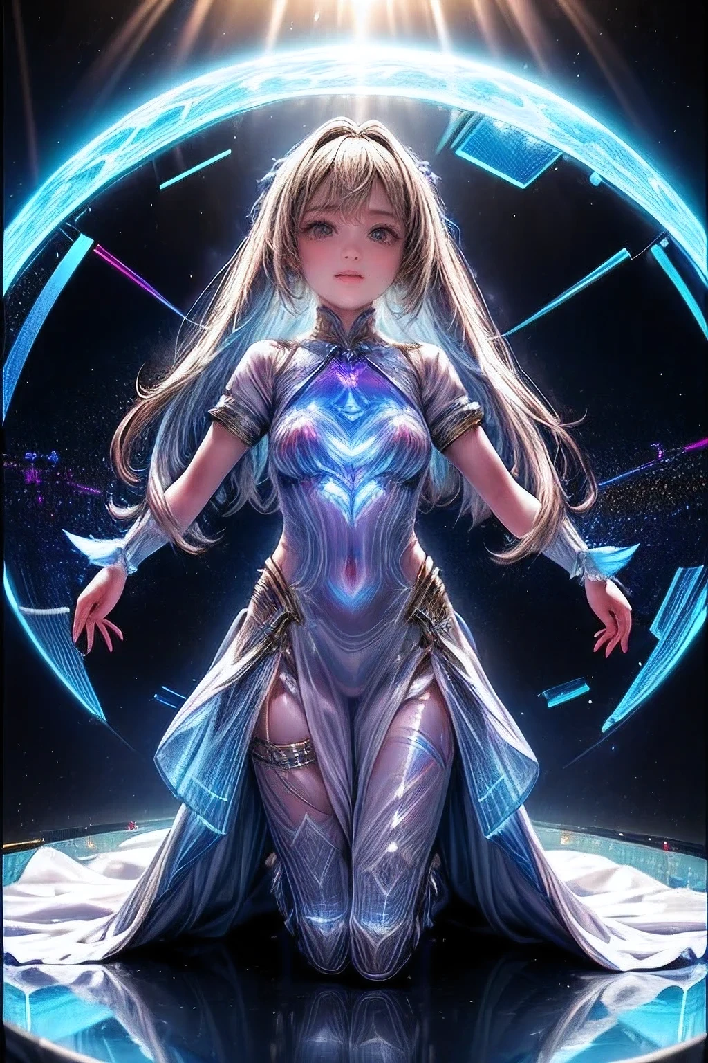 3d hologram display:1.8, (hologram:1.5) cute bride girl, transparent, see-through, fantasy science fiction, data stream, holographic, transparent, glowing, artificial intelligence, masterpiece, highres, absurdres, 16K, CG, deep eyes, vibrant colors 2d hologram background