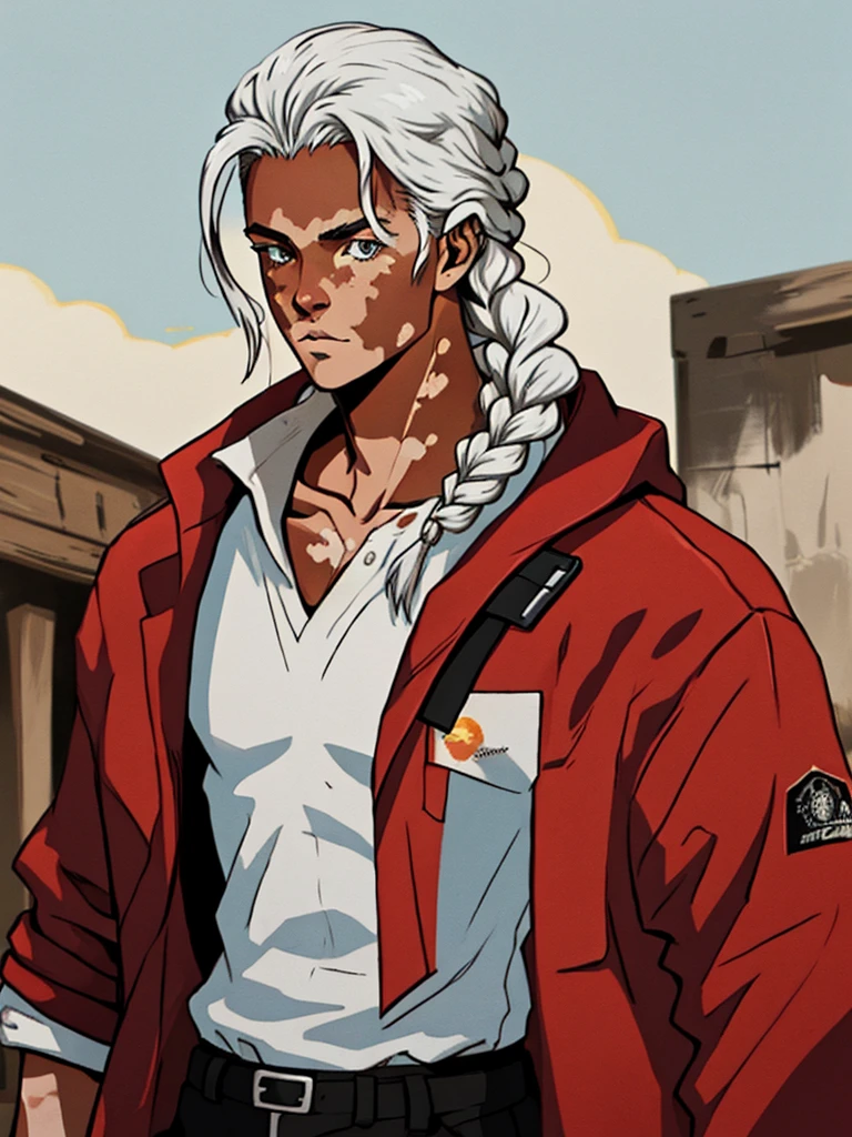 Human Male, hair Style  ,Red Coat  , (( best quality))  ,((Skin Black white Vitiligo )), manga Style , prairie Clothing , yellow pupils ,braided_hair